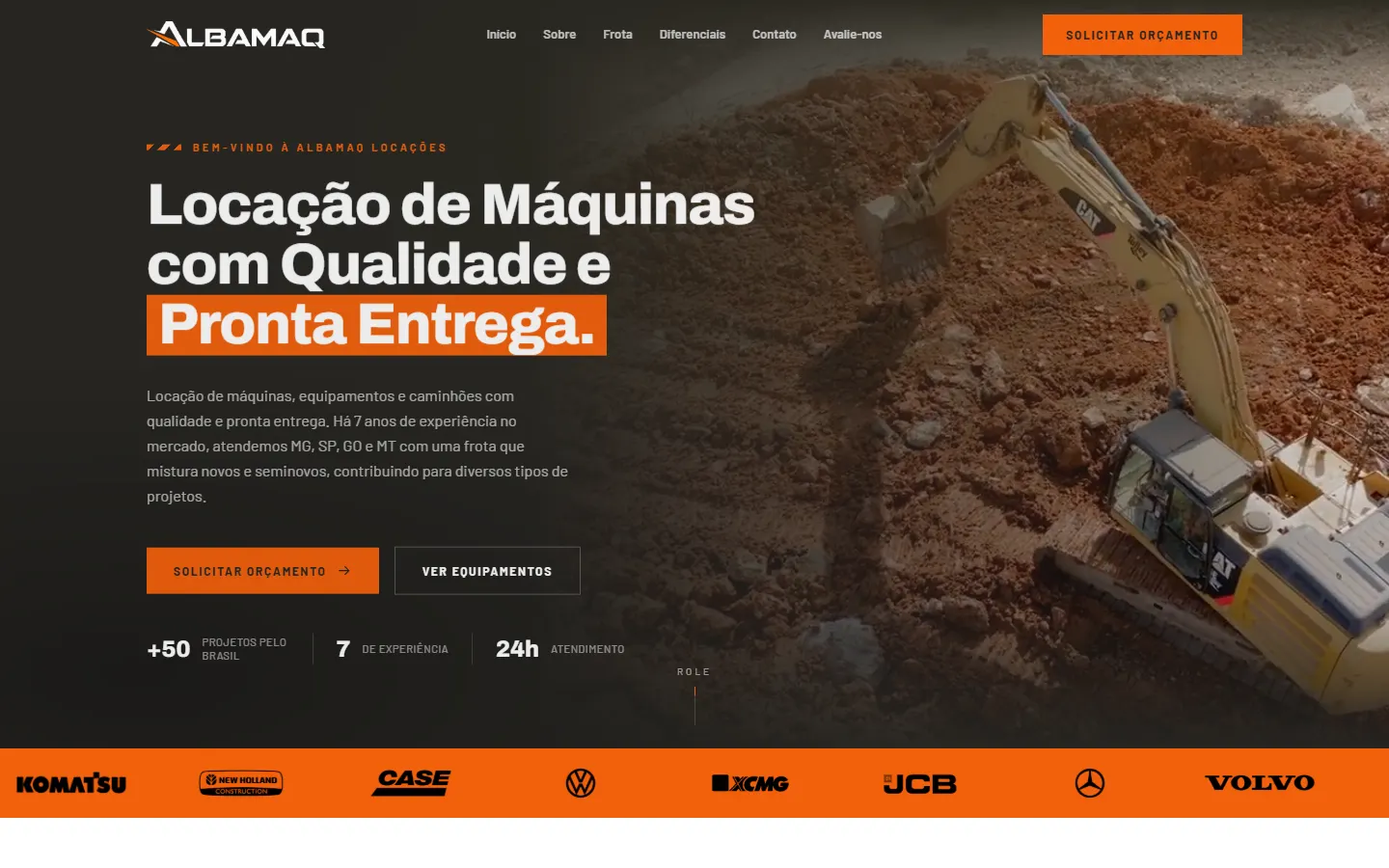 Primeira dobra da landing page da Albamaq Locações no computador