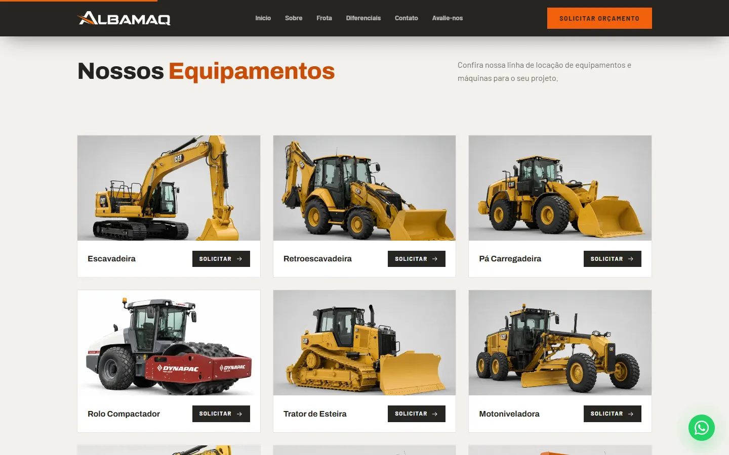 Seção de equipamentos da frota na landing page da Albamaq Locações