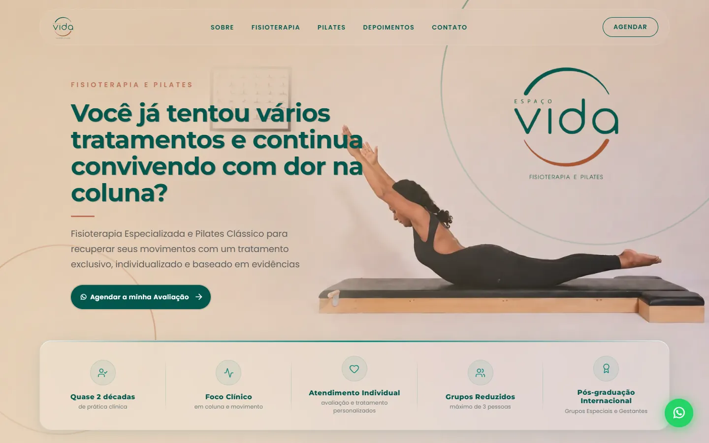 Primeira dobra da landing page do Espaço Vida no computador