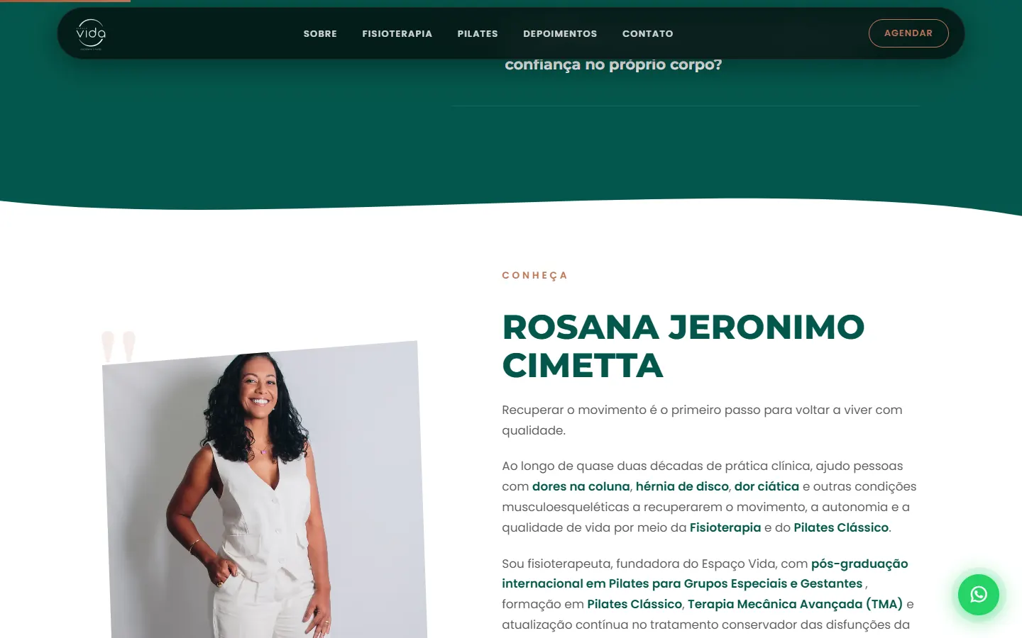 Seção de apresentação da fisioterapeuta na landing page do Espaço Vida